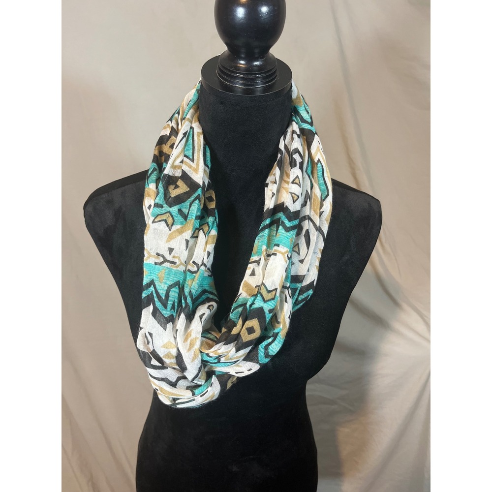 Womens Geometric Tribal Print Infinity Scarf Teal Gold Black White Lightweight